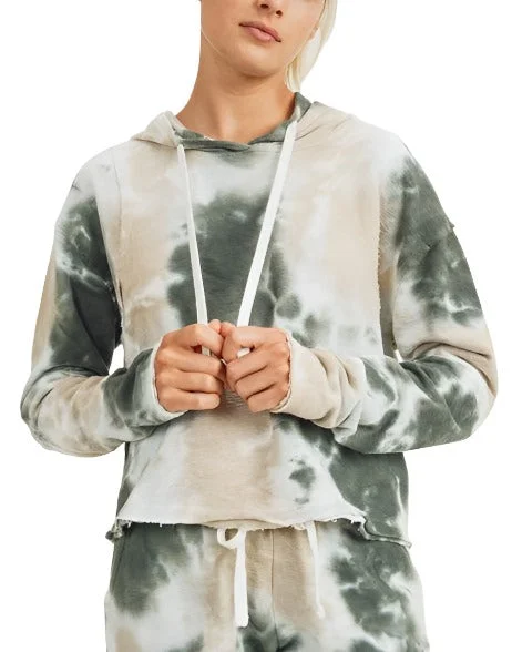 Mono B Tie Dye Jacquard Cropped Hoodie KT11687 Hoodie with Hem Elastic Stretchable Comfortable