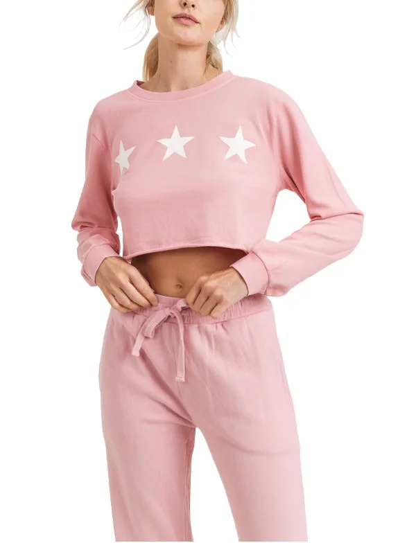 Mono B Triple Stars Terry Cropped Hoodie KT11612 Hoodie with Rhinestones Sparkly Elegant