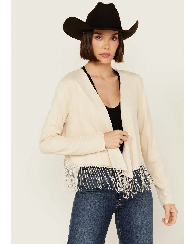 NATURAL RHINESTONE FRINGE JACKET Notch Collar Jacket Peter Pan Collar Jacket Cowl Neck Jacket