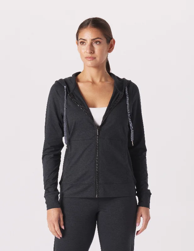 On The Go Lightweight Zip Up Hoodie: Black Marble Hoodie with Hem Ribbing Snug Secure