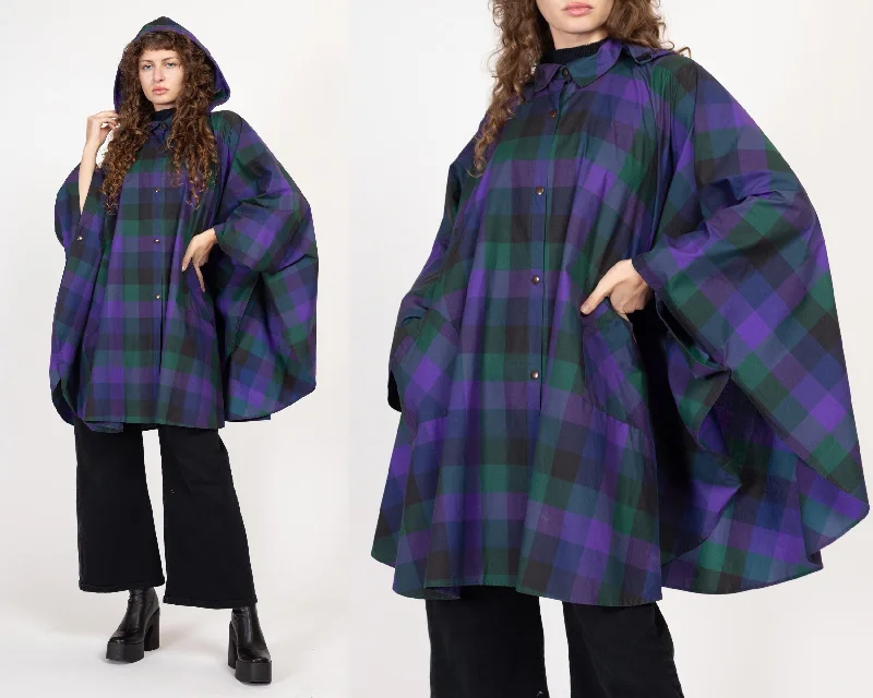 One Size 90s Purple Plaid Hooded Rain Poncho Hoodie with Reflective Safety Nightwear