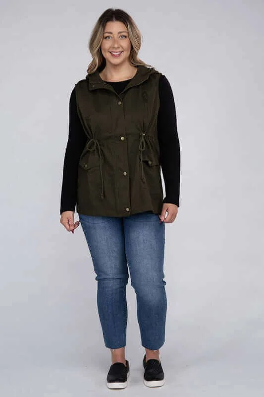 Plus Size Drawstring Waist Military Hoodie Vest Hoodie with Longline Fit Extended Stylish