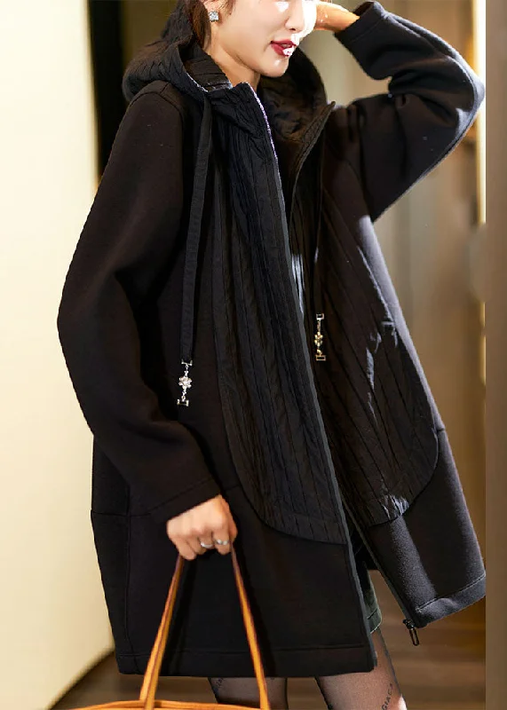 Plus Size Black Zippered Patchwork Thick Hoodies Coats Fall Hoodie with Hem Lace Feminine Delicate