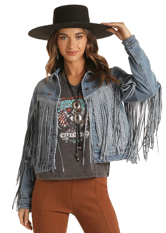 ROCK & ROLL BLUE SUEDE FRINGE JACKET Tiered Jacket Buttoned Jacket Zippered Jacket