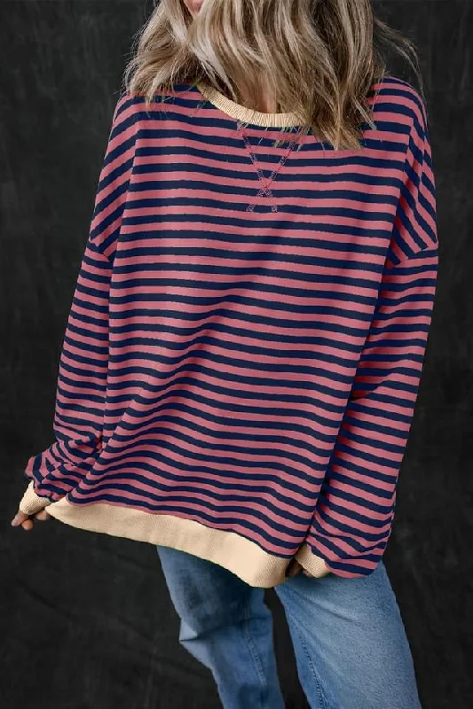 Striped Oversized Contrast Trim Pullover Sweatshirt Hoodie with Hem Ribbing Snug Secure