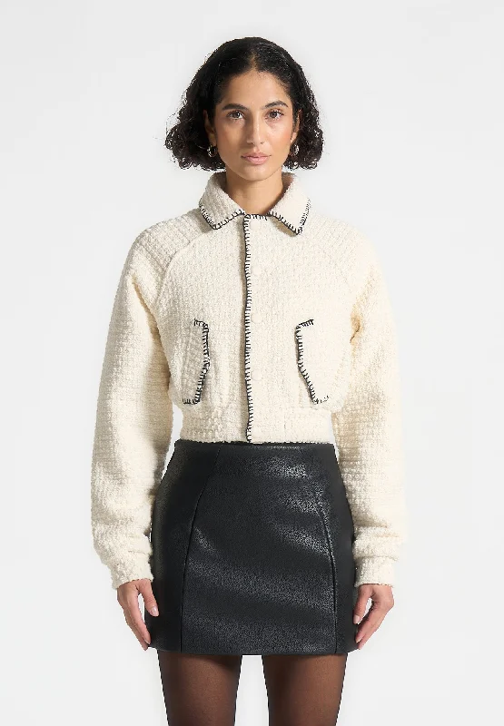 Tweed Whip Stitch Varsity Jacket - Cream Belted Jacket Elasticated Jacket Padded Jacket