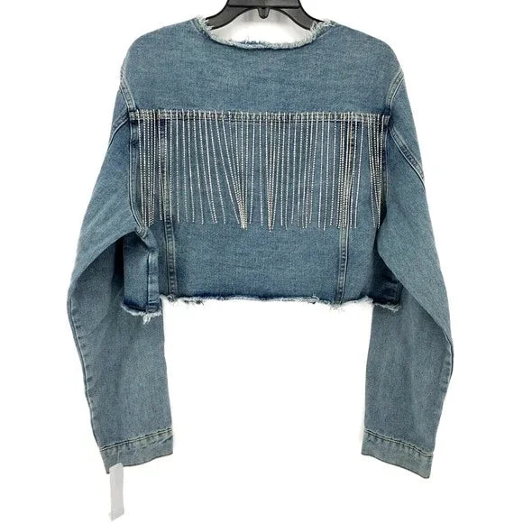 VOCAL RAW EDGE CUT NECK DENIM CROP JACKET WITH STONE FRINGES Oversized Jacket Tailored Jacket Straight Jacket