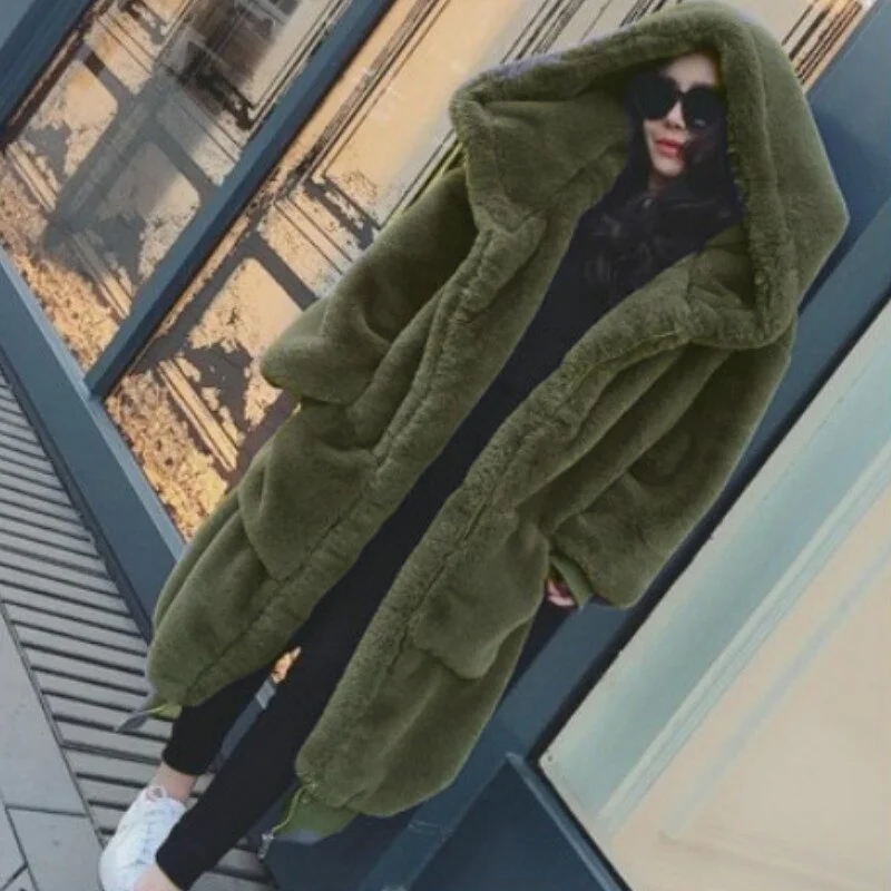 Winter Oversized Coats Hoodies Outwear Hooded Fluffy Coat Faux Fur Loose Coat Women Parka Long Warm Jacket Hoodie Dress Longline Feminine