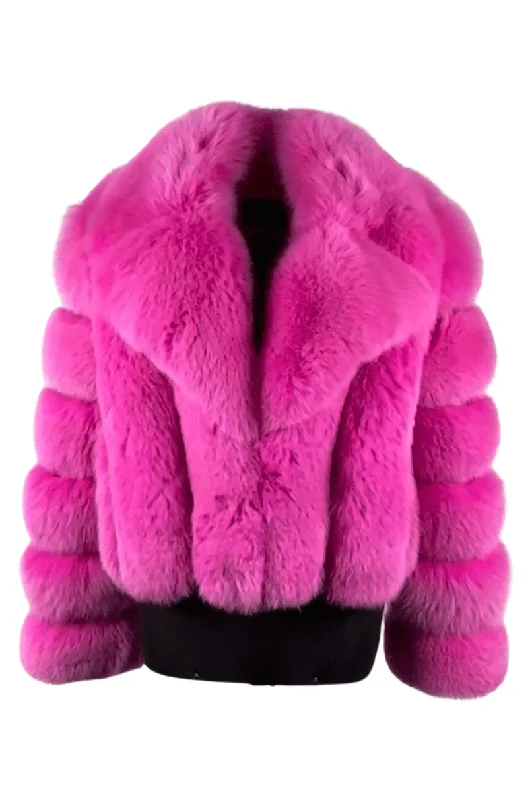 Women's Hot Pink Notch Collar Fox Jacket Style # 6006 Faux Fur Fabric Real Fur Fabric Shearling Fabric