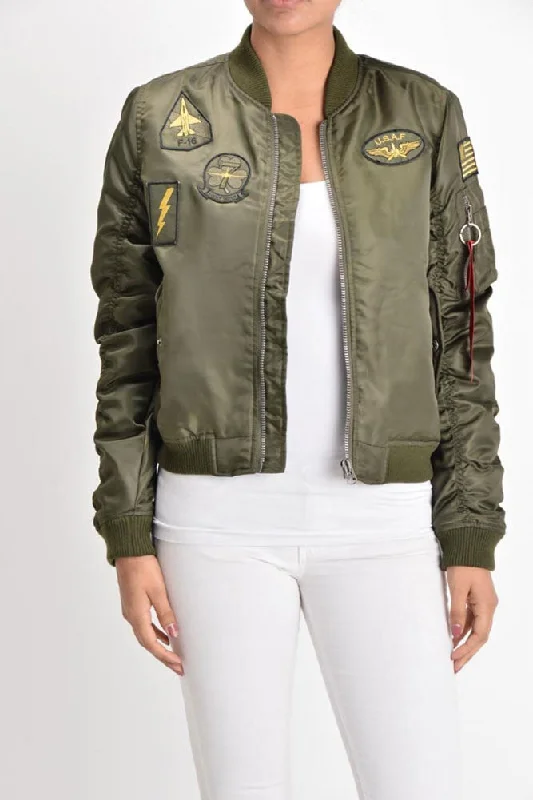 Women's Patched Flight Bomber Jacket Fleece Jacket Down Jacket Feather Jacket