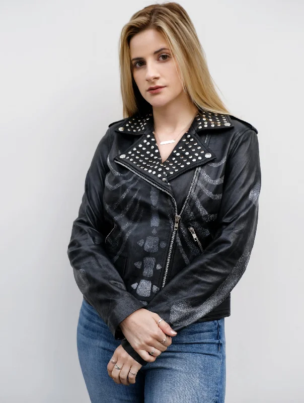 Womens Studded Skull Samara Weaving Guns Akimbo Leather Jacket Cotton Fabric Linen Fabric Terry Fabric