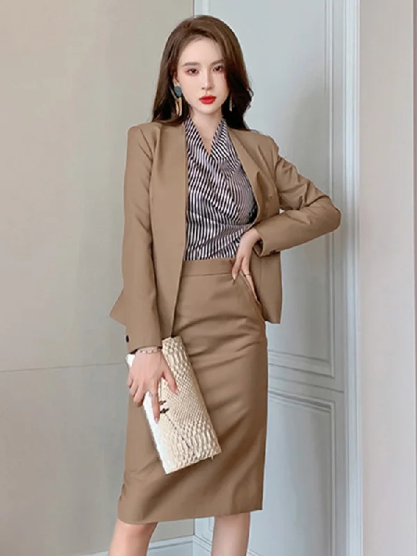 2023 Autumn Elegant 2 Pieces Sets Women Khaki V-neck Open Stitch Coat Split Midi Skirt Work Style Office Formal Lady Suits button skirt front