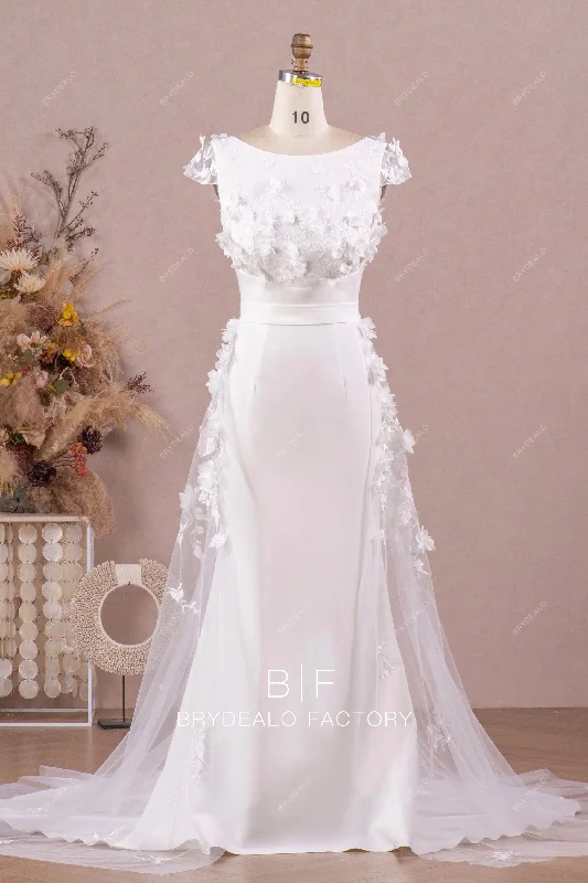 White Crepe Mermaid Bridal Dress with Romantic 3D Flowers Overskirt wool skirt warm