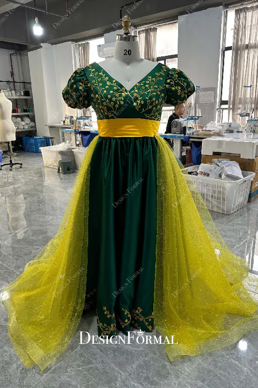 Custom Plus Size Green Satin Prom Untraditional Bridal Dress with Gold Overskirt zip skirt side