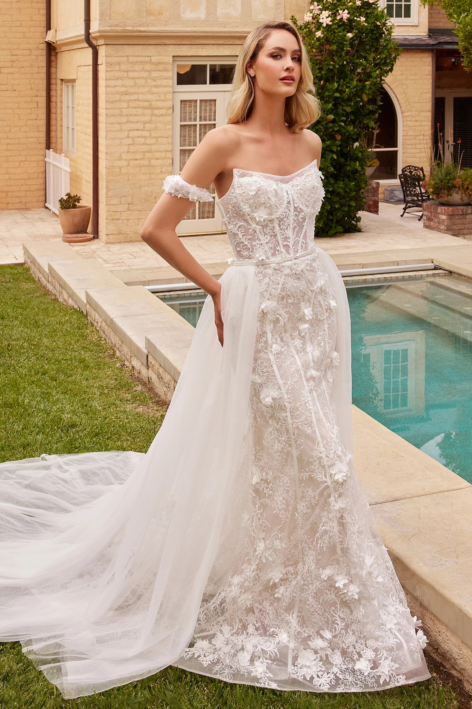 CINDERELLA DIVINE CD861W Flare Bridal Fitted Gown with Removable Skirt corduroy skirt textured