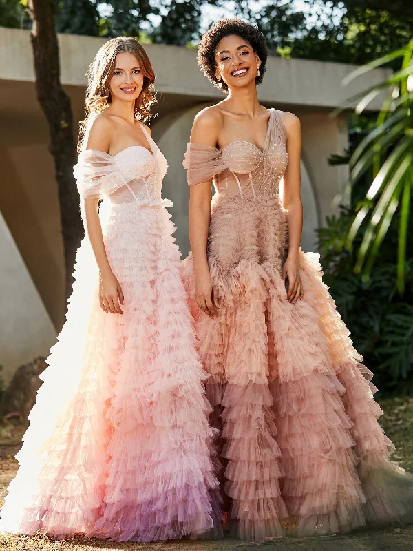 One Shoulder Flowy Ruffle Skirt Tulle Ball Gown Dusty Rose chiffon skirt delicate