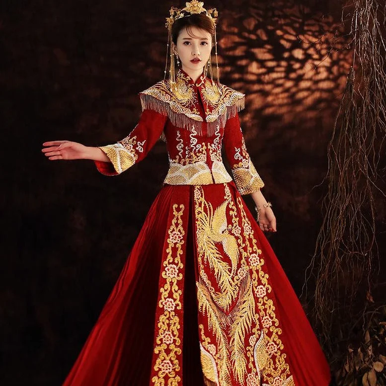 Phoenix Embroidery & Sequins Pleated Skirt Traditional Chinese Wedding Suit leather skirt sleek