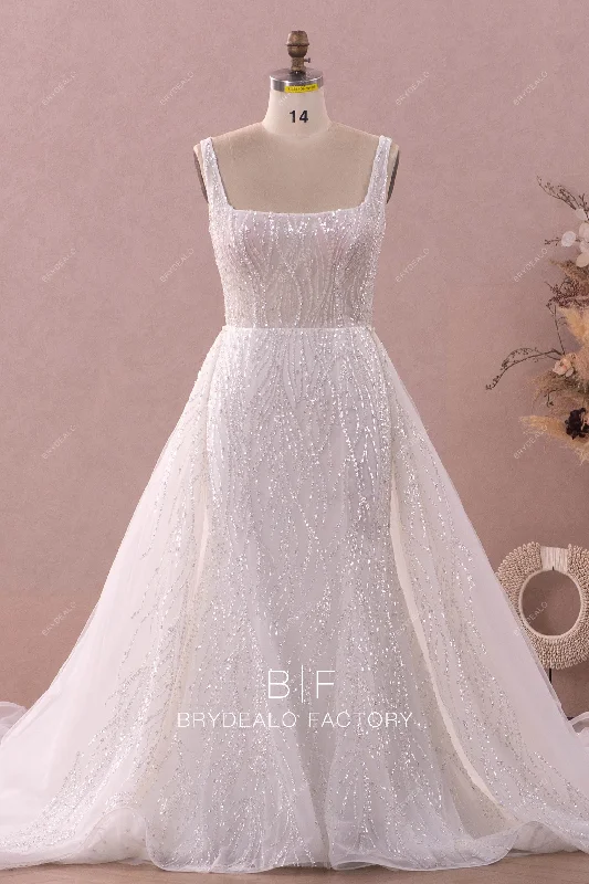 Sparkly Square Neck Luxury Overskirt Wedding Ball Gown lace skirt romantic