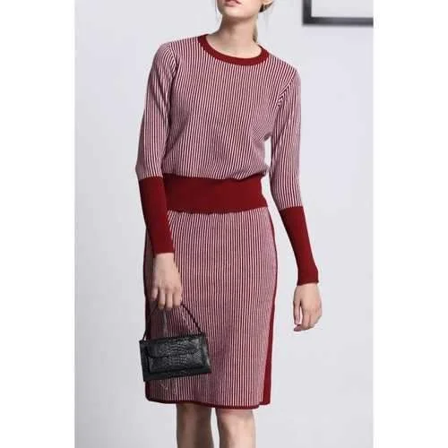 Ribbed Stripe Sweater With Skirt - Deep Red S flowy skirt hem