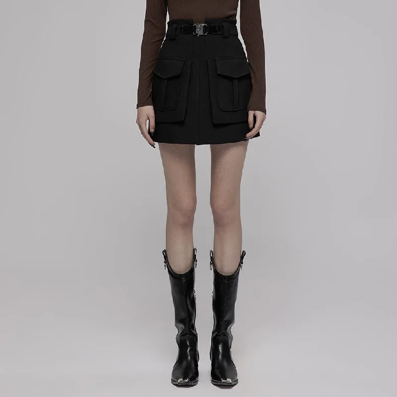 Women's Punk Double-pocket A-line Short Skirt with Belt linen skirt breathable