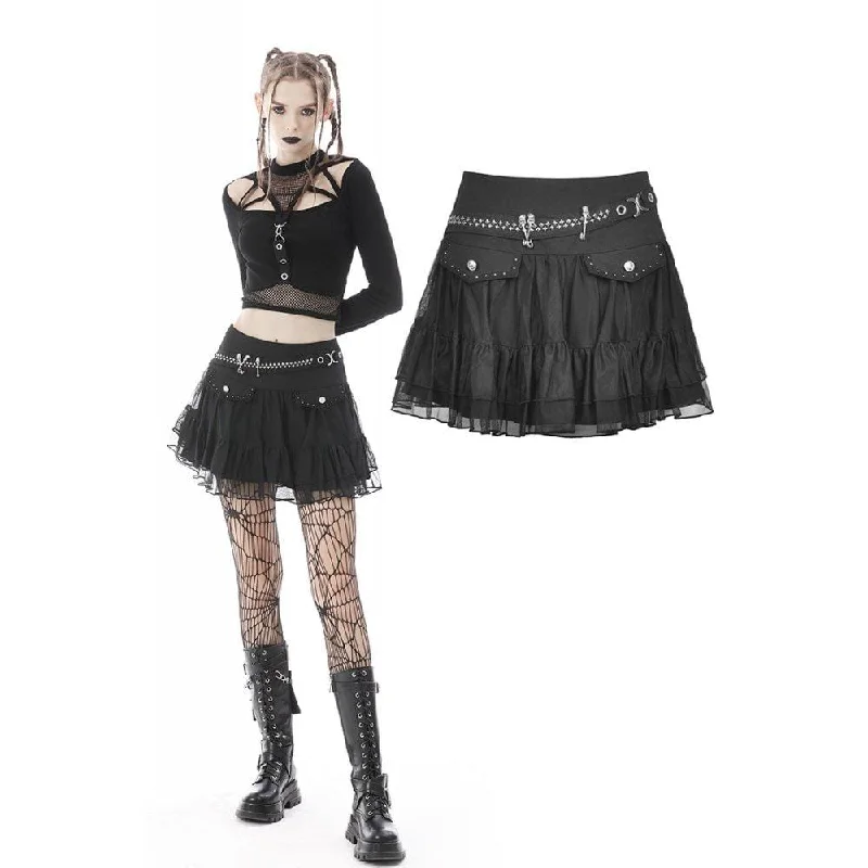 Women's Punk Skull Mesh Splice Falbala Skirt ribbed skirt waist