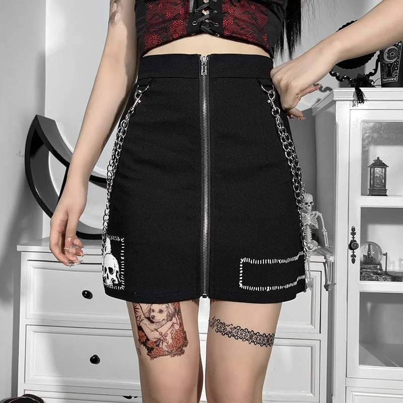 Women's Punk Skull Printed Zipper Skirt with Chain silk skirt lustrous