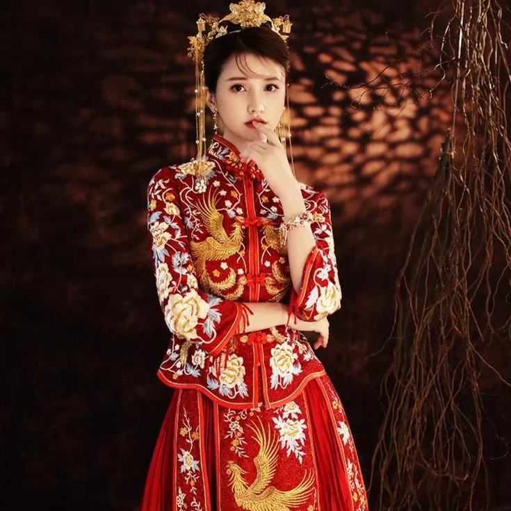 Floral & Phoenix Embroidery Pleated Skirt Traditional Chinese Wedding Suit velvet skirt plush