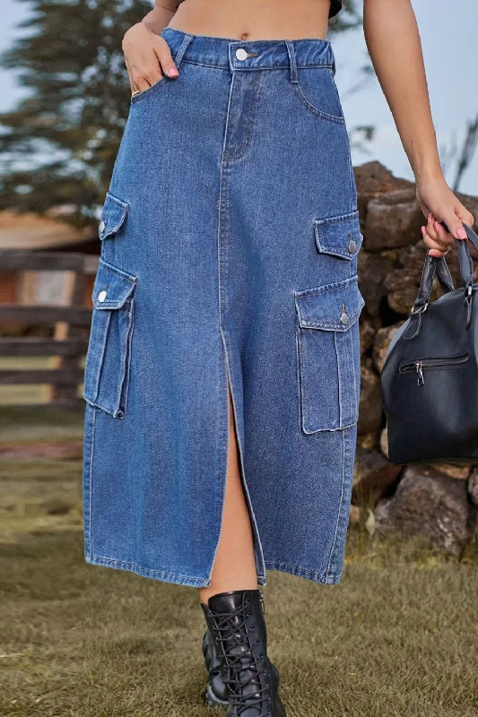 Slit Front Midi Denim Skirt with Pockets linen skirt natural