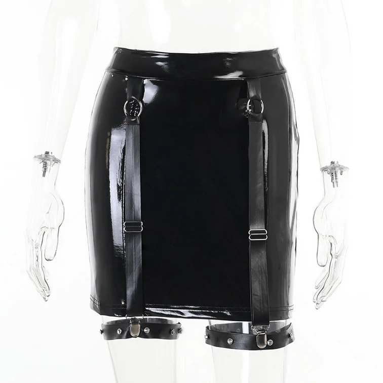 Women's Punk Faux Leather Skirt with Leg Ring linen skirt natural